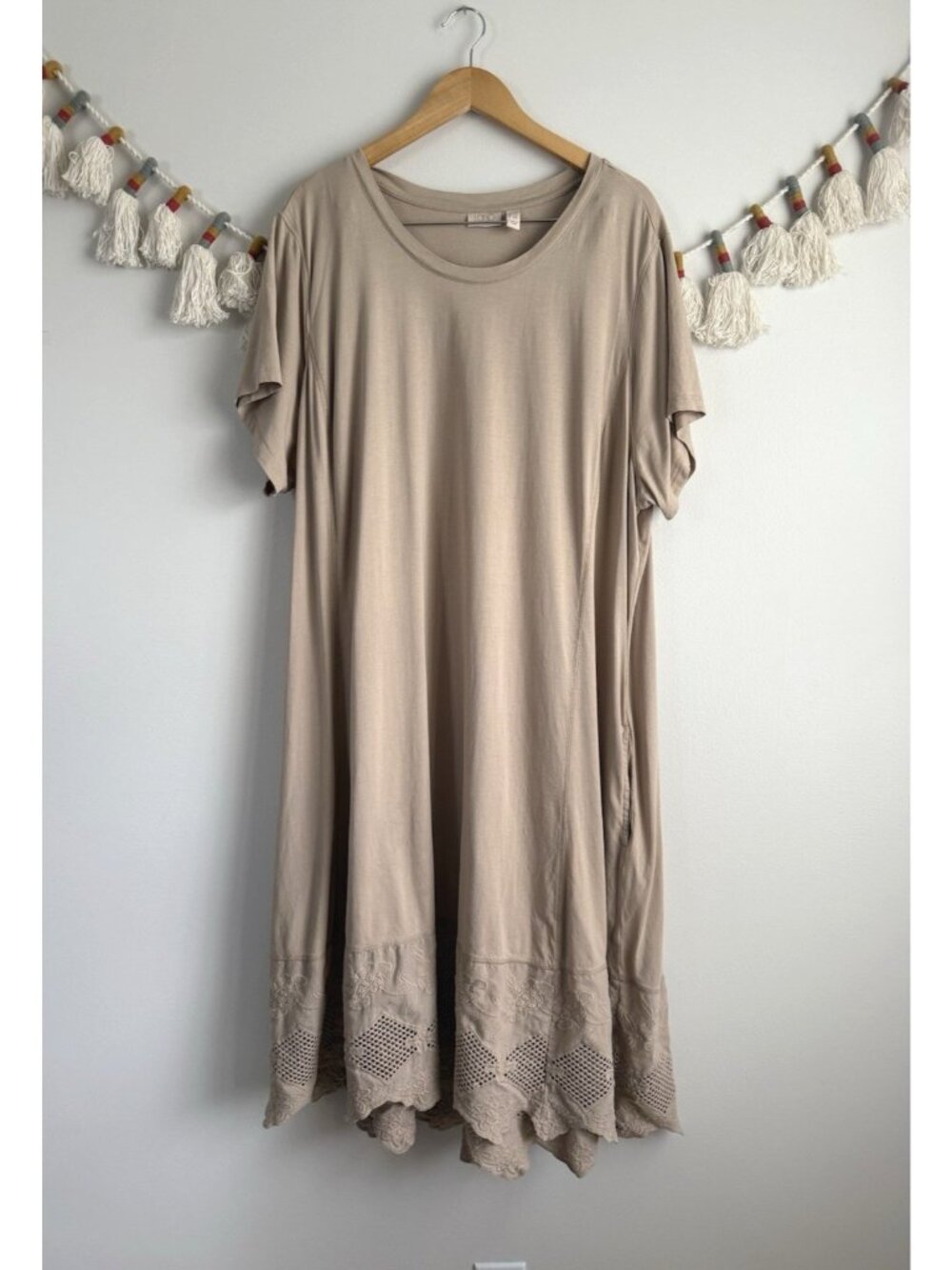 Logo By Lori Goldstein Beige Crochet Hem Flowy Shirt Dress Lagenlook Coastal 4x